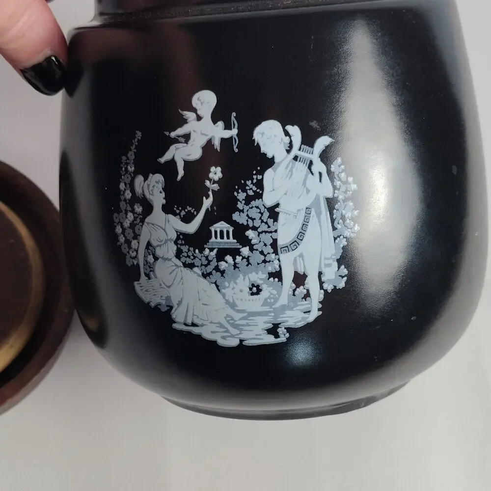 Vintage Ceramic Jar Canister Black White Brown Classical Scene Wood Lid Italy